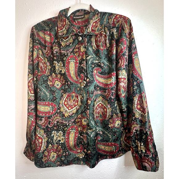 Vtg Notations Paisley Boho Silk Like Long Sleeve Button Up Size Small - Picture 7 of 7